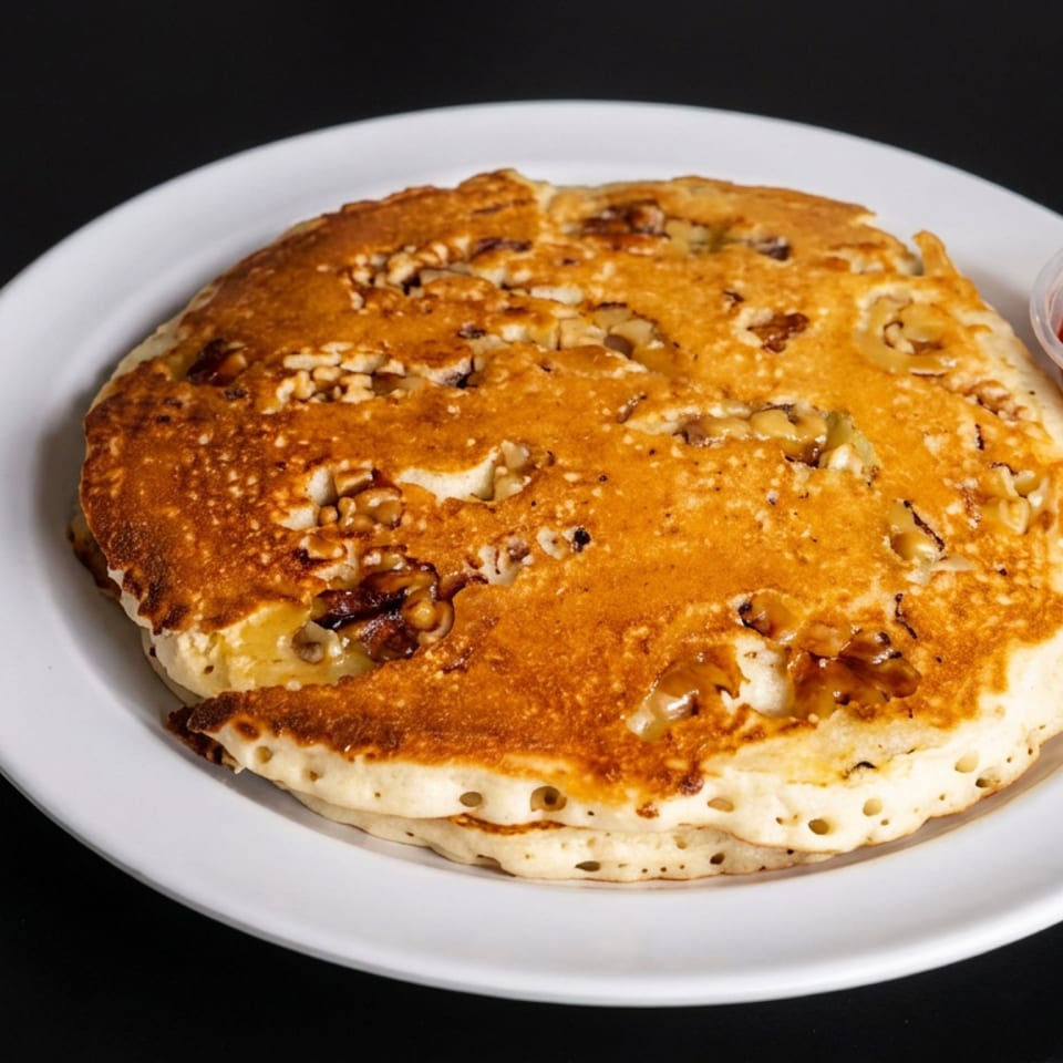 Stack of golden walnut pancakes on a white plate with syrup, accompanied by a rolled napkin on a black background.