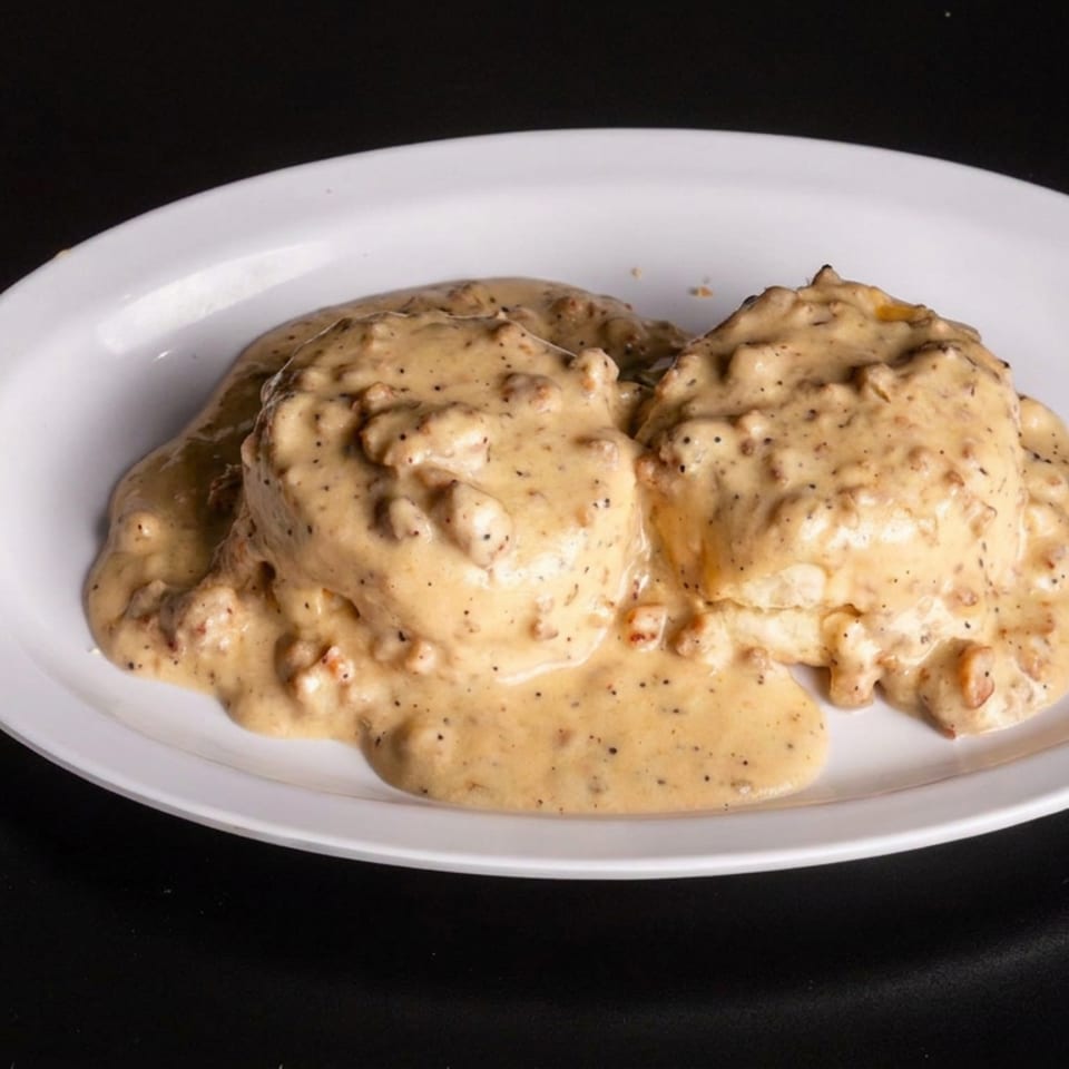 Two biscuits smothered in creamy pepper gravy sit on a white oval plate beside a rolled red-and-white napkin.