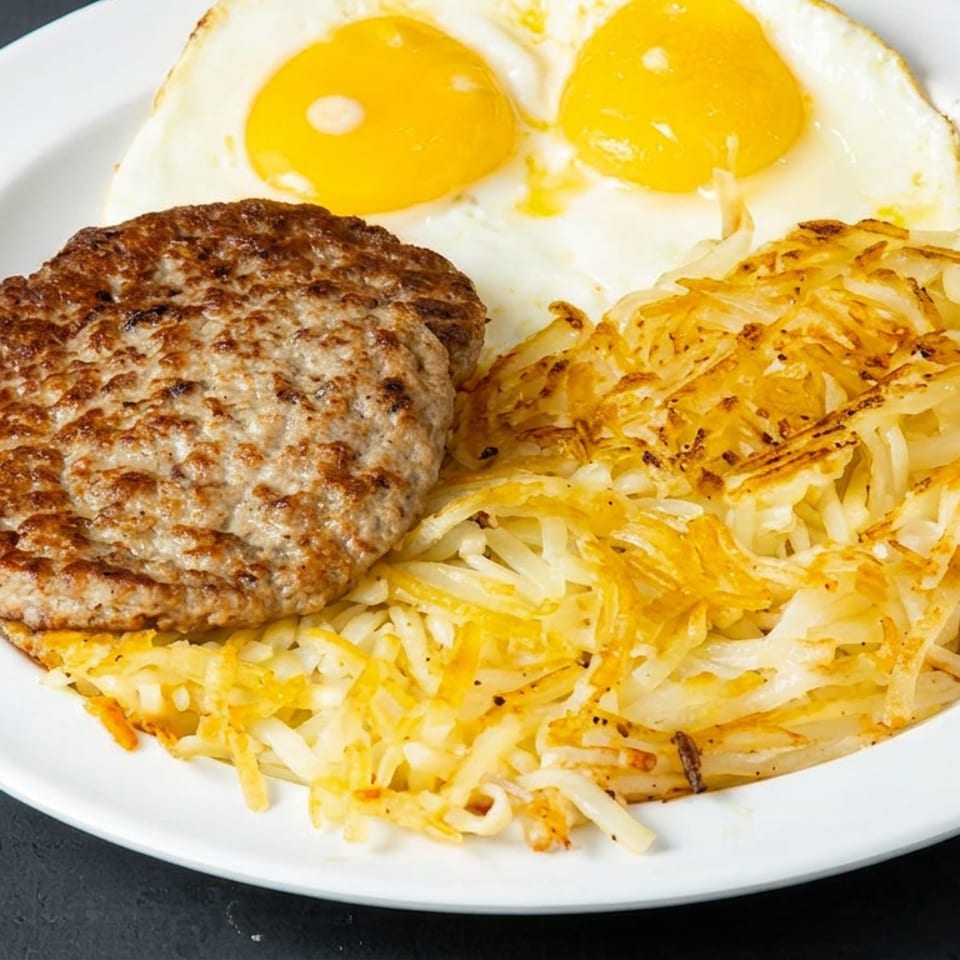 Breakfast plate with two fried eggs, a browned sausage patty, and crispy shredded hash browns.