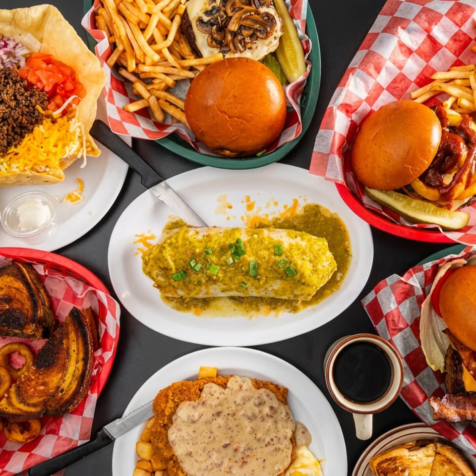 Overhead spread of Mexican-inspired dishes, burgers, fries, curly onion rings, sandwiches, and sauced burritos on colorful checkered trays.