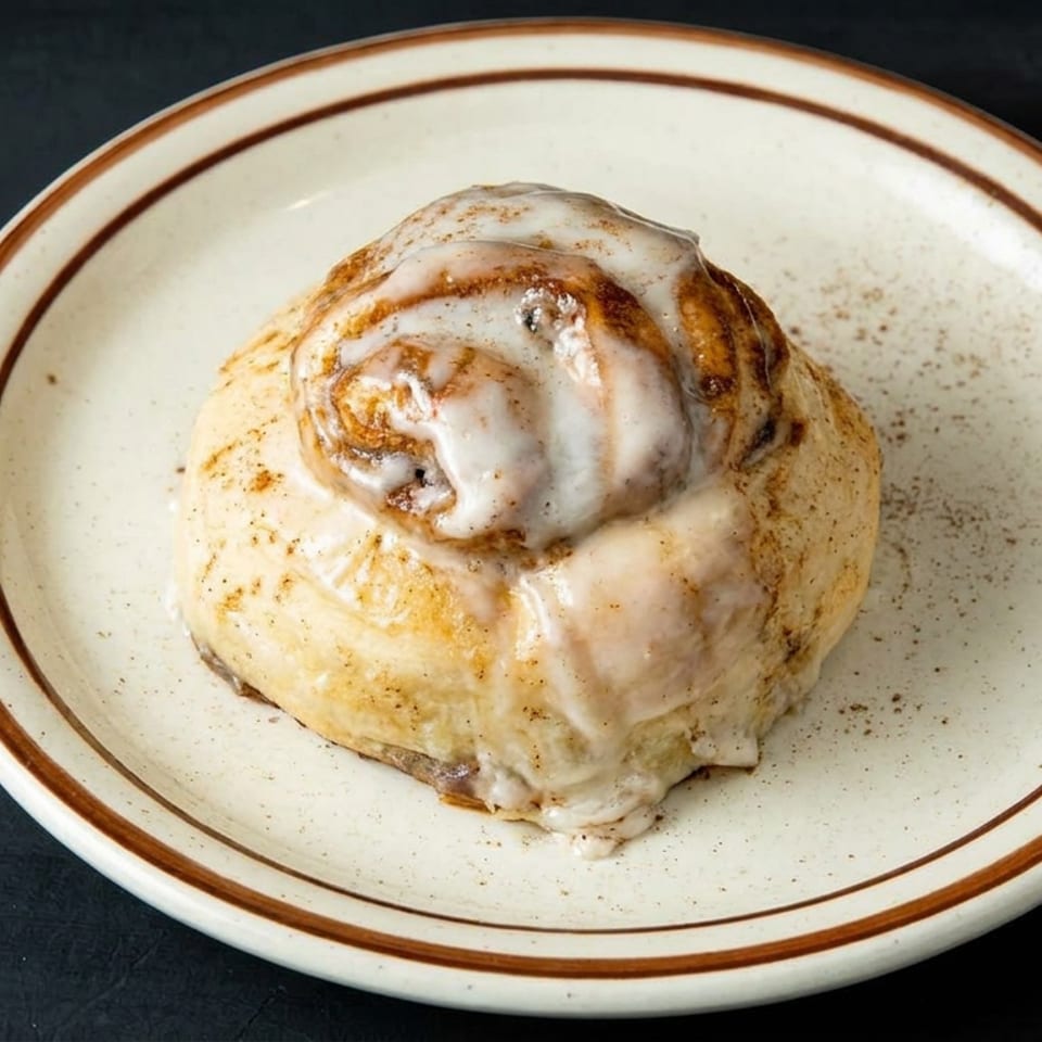 Glazed cinnamon roll topped with icing and cinnamon sits on a vintage cream-and-brown plate.